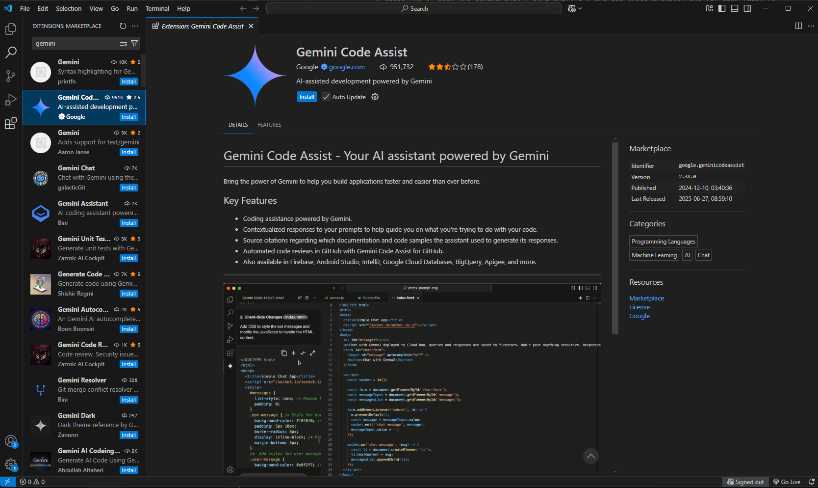 Searching for Gemini in VS Code Extensions