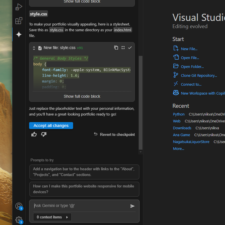 File explorer showing index.html and style.css