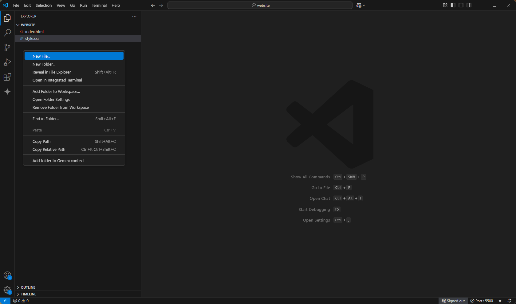 File explorer showing index.html and style.css